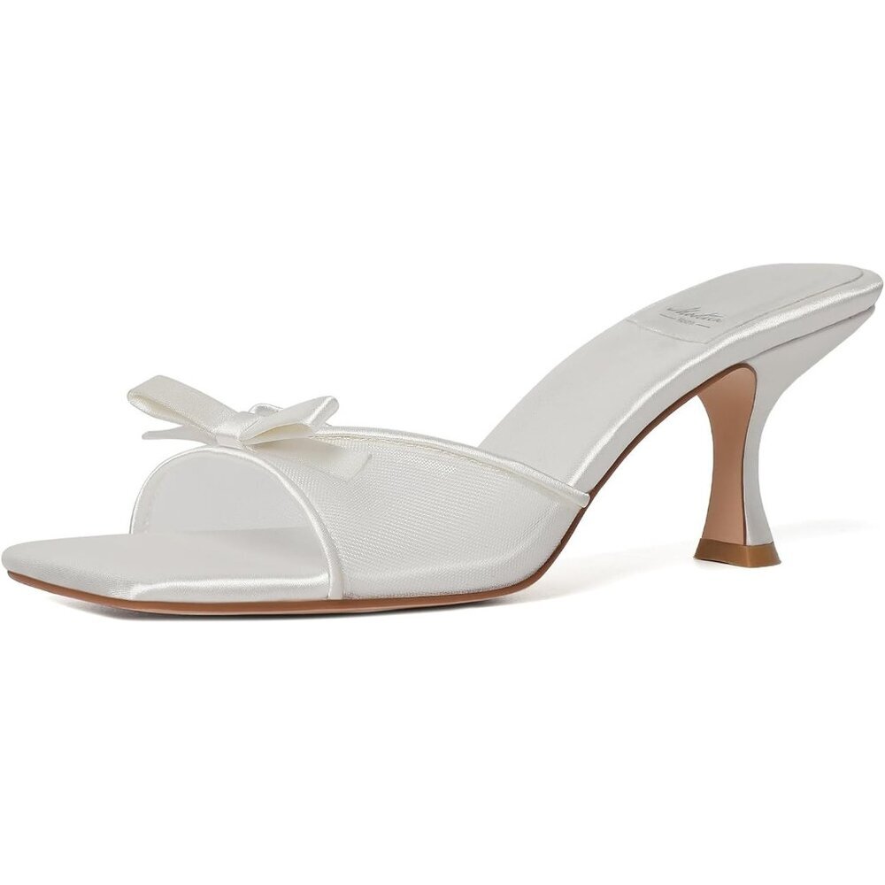 Women's White Round Toe Heels With Bow Vintage Mules Sexy Slip on Stiletto